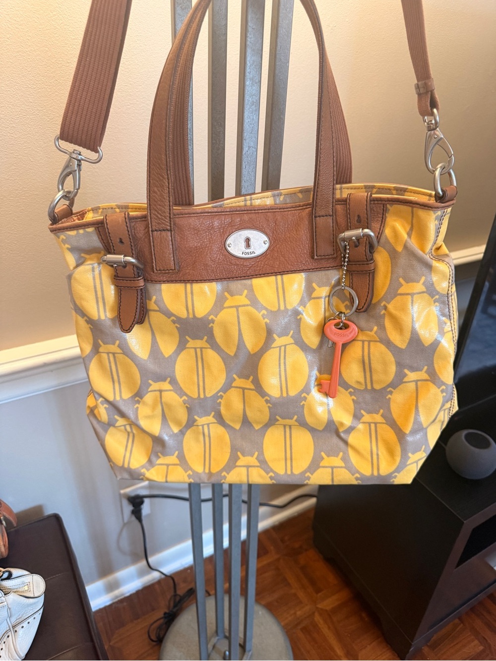 Fossil Yellow Patterned Tote with Brown Leather Trim